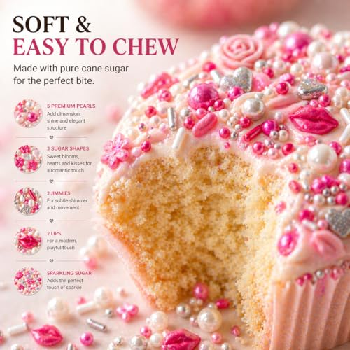 Image of Confect Cake & Cupcake Sprinkles | Love Sprinkles Mix Pink Mini Lips & Roses, Silver Hearts & Vermcelli and White Pearls | Anniversary Sprinkles | Vegan, Gluten-Free, Nut-Free, Soy-Free, Dairy-Free , Handcrafted Sprinkle -Edible sprinkles -140 Gms