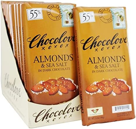 Chocolove 55 Percent Cocoa Almond and Sea Salt Dark Chocolate Bar, 3.2 Ounce -- 12 per case.