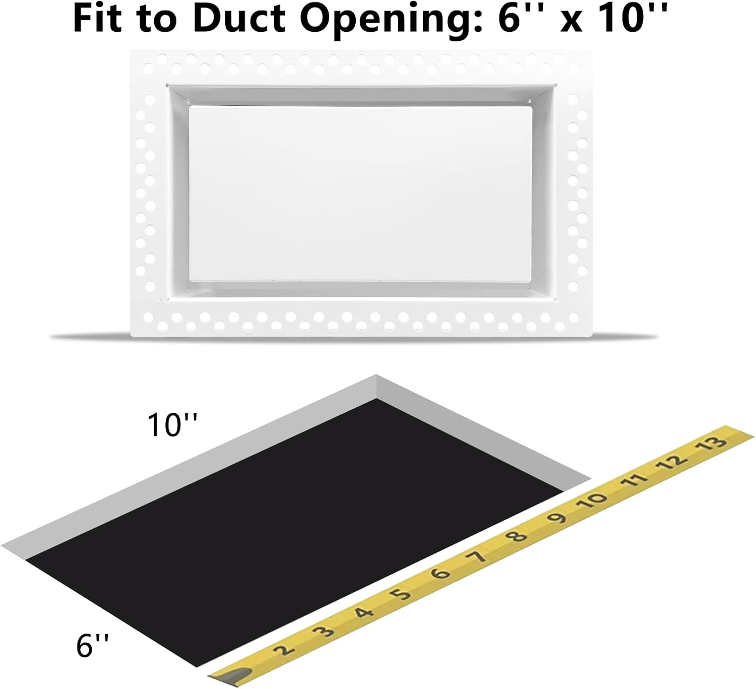 Flush Wall Vent Cover 6x10 Inch for Drywall Vent, Metal Wall-Mounted Adjustable Air Flow Register Grille, Easy Install, Paintable, (White, 1 Pcs, with Manual Damper)
