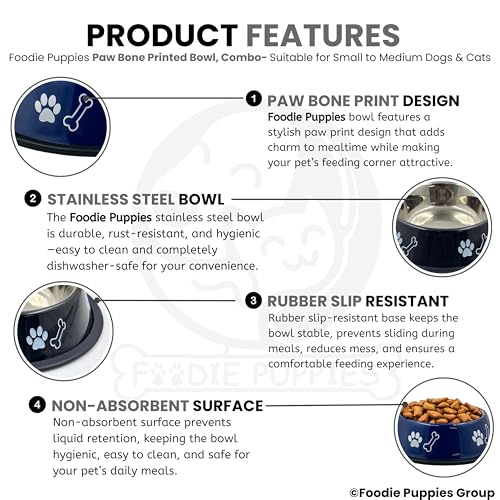 Image of Foodie Puppies Stainless Steel Dog Bowl Combo - (Medium, 700ml) Food and Water Feeding Gift Bowl | Suitable for Dogs, Cats and Other Pets I Paw Bone Print, Anti-Skid Rubber Base (Black + Blue)