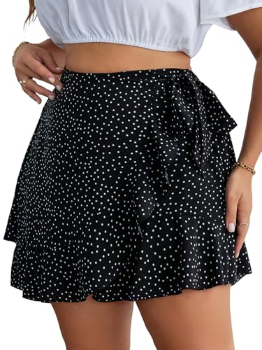 SweatyRocks Women's Plus Size Polka Dots Wrap Short Skirts High Waist Ruffle A Line Skirts