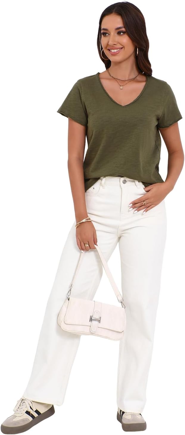 Inadays Womens Slub Cotton T Shirts Short Sleeve V-Neck Raw Hem Summer Tops Loose Fit Tee Basic Clothes Fashion Outfits - Image 5