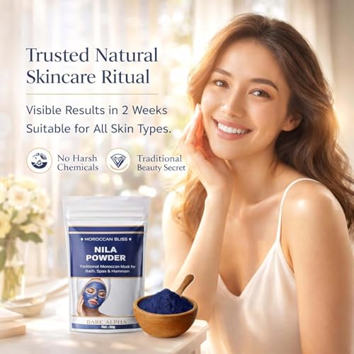 Image of Moroccan Nila Powder For Face - 100g (50g x 2) | 100% Natural Blue Powder for Skin Brightening, Tan Removal & Detox | For Face Mask & Body Care | Traditional Moroccan Hammam Beauty Treatment
