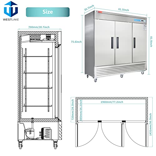 Image of WESTLAKE Commercial Freezer 82 inchW 3 Door 3 Section Stainless Steel Reach-in Solid Door Upright Fan Cooling 72 Cu.ft Freezer for Restaurant, Bar, Shop, etc