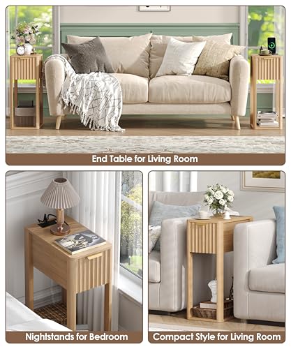 Image of Akxomel Narrow Nightstand Set 2 with Charging Station Fluted Table Oak