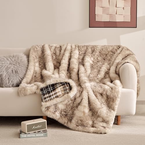 Sophia & William Fox Faux Fur Throw Blanket for Couch(50x60 Inches) Luxury Fluffy Fuzzy Warm Soft Reversible Blankets for Sofa Chair 800GSM Arctic Fox & Plaid