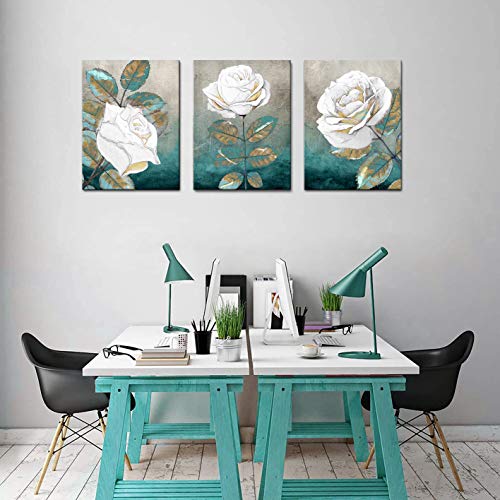 Canvas Wall Art Print Blue Leaf White Rose Canvas Art Painting Teal Abstract Wall Art Decorations Flower Picture On Canvas For Home Decor Gift Stretched And Framed 12 X 16 * 3 #TOP7