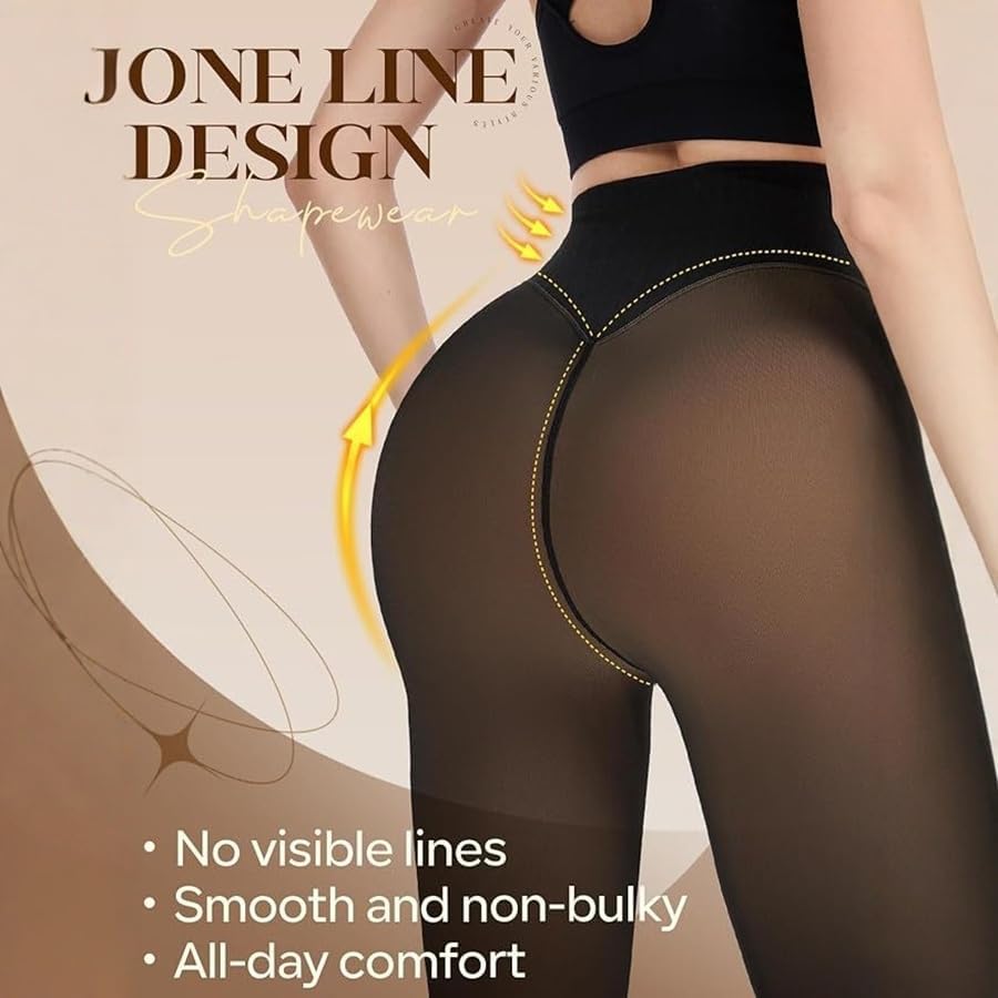 One-Seam Fake Sheer Fleece Lined Tights for Women, Thermal Leggings with Tummy Control & Butt Lifting Design - Image 3
