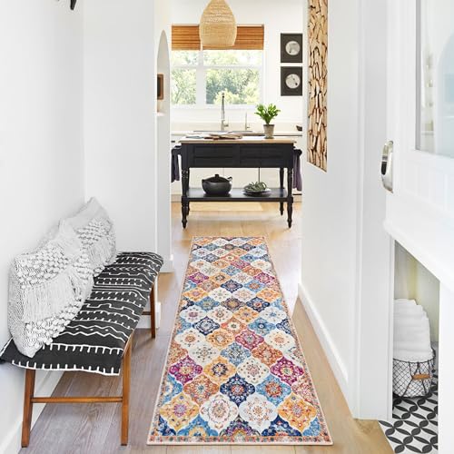 KILOCOCO 2x6 Runner Rug, Moroccan Super Soft Washable Hallway Entryway Runner Rug, Accent Print Faux Wool Kitchen Runner Rug 6 Feet Non-Slip Boho Rug Runners for Laundry Room Bedroom, Colorful