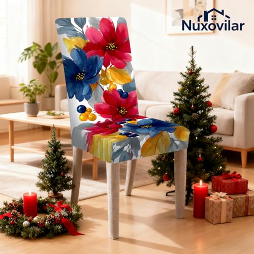 Image of Nuxovilar 2PCS Vibrant Watercolor Floral Stretch Chair Covers | Stretch Slipcover Floral Protector Flower Wrap Seat Guard Dining Room Family Kitchen Festive Party (Vibrant Rose)