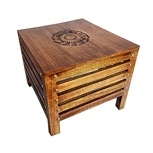 Image of Wooden Stools for Living Room, Sitting Chair for Home, Handcrafted Round Antique Finish | Handmade Table for Office | Home Furniture | Outdoor /Indoor Decor (Square Caving Floral Top Stool, Pack of 2)