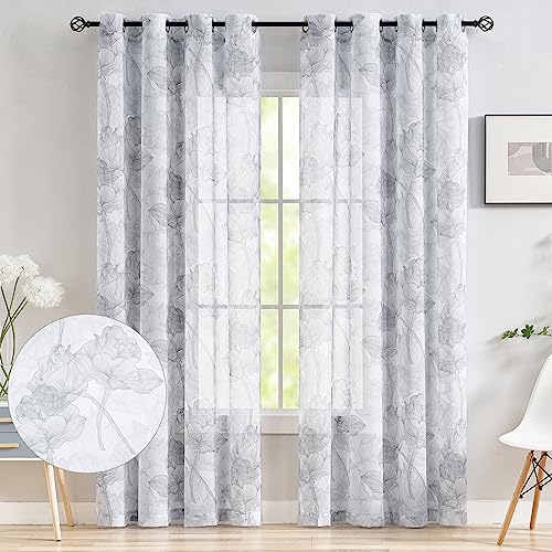 Treatmentex Gardinen Transparente Grau weiße Lotus-Druck Vorhänge mit...