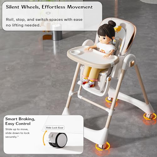 Image of StarAndDaisy Galaxy 2 in1 Rocking Baby High Chair for Boys and Girls Dining Chair 4 Level Reclining Position, Adjustable Height, Locking Wheels, 5 Point Safety Belt (White)
