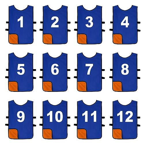 TopTie 12Pcs Reversible Numbered Soccer Pinnies, Football Practice Jersey Soccer Vest for Adult and Youth-Royal Blue/Orange-L