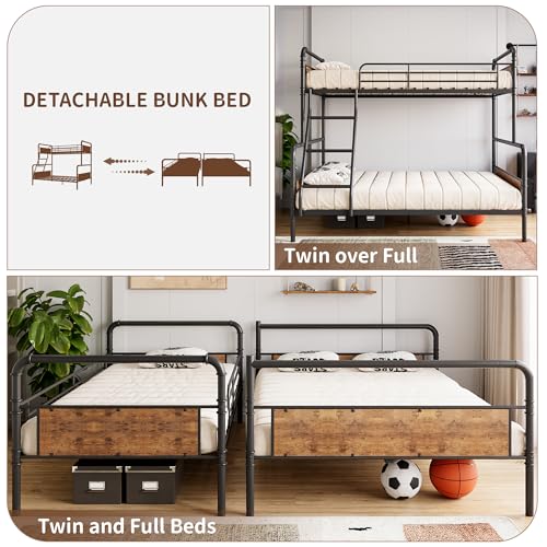 Garvee Bunk Beds Twin Over Full Size, Heavy Duty Bunk Beds with Ladder and Guardrail,Metal Bunk Bed for Kids,Teens,Noise-Free,Black & Brown