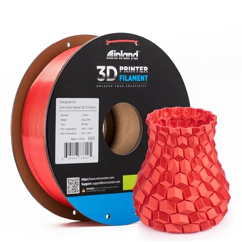 Image of INLAND Micro Center Red Silk PLA 3D Printer Filament 1.75mm - Red Shiny, Dimensional Accuracy + /- 0.03 mm - 1 kg Cardboard Spool (2.2 lbs), Clog Free Colorful Filaments
