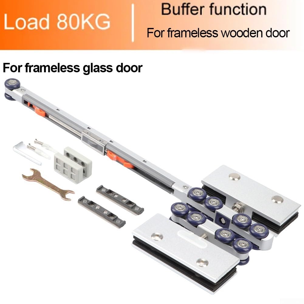 Set di pulegge per sollevamento porte in vetro senza telaio, resistente, capacità 80 kg, meccanismo di smorzamento bidirezionale, in lega di zinco, silenzioso, larghezza 60 cm, set di pulegge