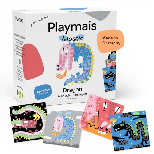 Playmais Mosaic Dragon | 2300 Teile | Bastelset | natürliches Spielzeug | inkl. Schwämmchen, 6 Motiv-Vorlagen | vegan, verantwortungsvoll & sicher für Kinder & Umwelt | Weihnachts-Geschenk
