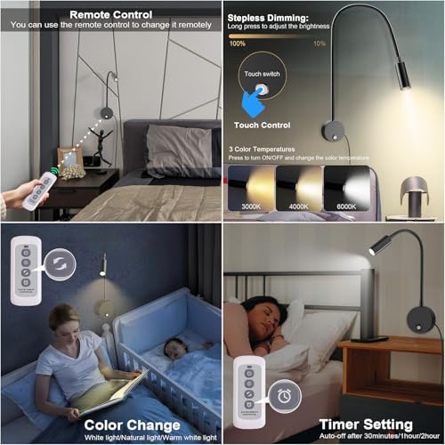 Image of ERAY Wall Mounted LED Reading Light with Remote Control, Dimmable Book Light with USB Charging Port & 15 inch Flexible Gooseneck, Plug in Headboard Bed Lights, 3 Colors Temperature, Touch Control-1 Pack