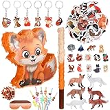 Chivertion Fox Piñata Set with Blindfold Confetti and Stick for Fox Themed Party Include 6 Key Chains 6 Straws 6 Models 50 Temporary Tattoos for Woodland Animal Carnival Birthday Party Supplies