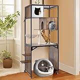 Cat Tower with Scratching Post, Wooden Cat Tree Tower with Litter Box Enclosure, Sturdy Metal Frame Cat Furniture with Adjustable Bed & Anti-Tipping Design, Mobile Cat Condo for Indoor Cats