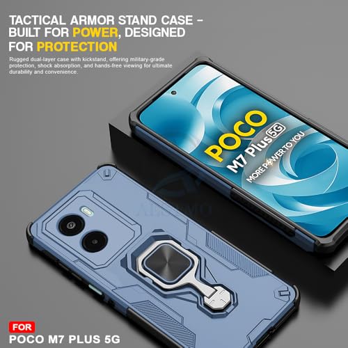 Image of AESTMO Armor Back Cover for Poco M7 Plus 5G | Ring Holder & Kickstand & Camera Protection in-Built | 360 Degree Protection Back Case Cover (Blue)