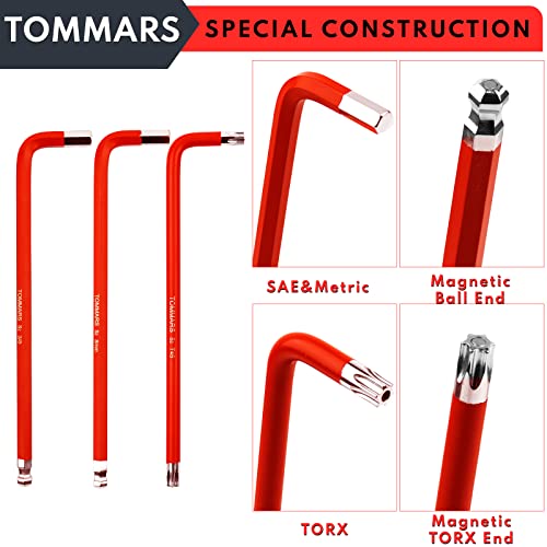 Tommars Hex Key Set Magnetic Ball End S2 Steel With T-Handle Hex Key Allen Wrench Set Sae(1/16"-3/8") Metric(1.5Mm-10Mm) Torx(T10-T50) #TOP1