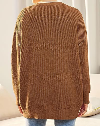 Image of ebossy Women's Open Front Knit Cardigan Casual Long Sleeve Oversized Button Lightweight Sweater Outwear (XS, Brown)