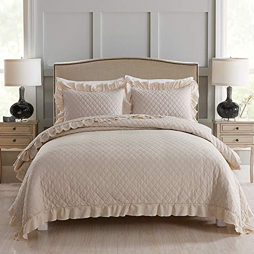 Jml Quilts Queen Size, Stone Washed Microfiber 3 Pieces Bedspreads Coverlet With Ruffle - Super Soft, 320Gsm Oversized Vintage Quilt Set, Beige #TOP7