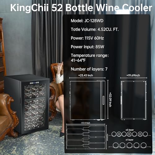 Image of KingChii 52 Bottle Wine Cooler Refrigerator - Dual Zone Wine Fridge with Intelligent Digital Control, Low Noise Operation, Freestanding Wine Refrigerator for Home and Kitchen, Black