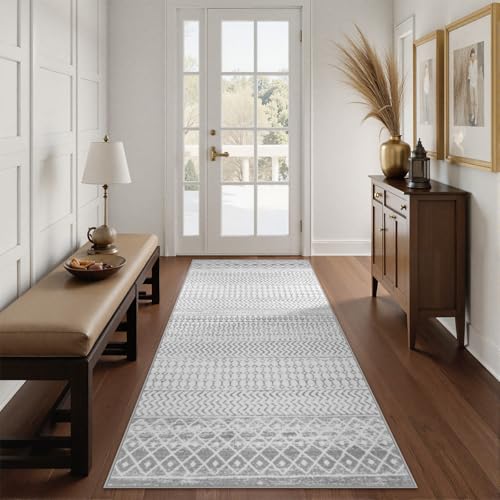 Nailttos Moroccan Washable Runner Rug, 2x5 Ultra Soft Non-Slip Hallway Rug, Low Pile Distressed Gray Bathroom Rugs Carpet Runner for Entryway Kitchen Bedroom Laundry Room
