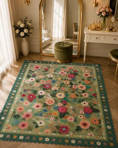 Image of RD TREND Carpet for Hall Digital Printed Carpet for Living Room 52x84 inch | Anti Slip Backing Rug for Bedroom Floor & Home Decor | Green Flower