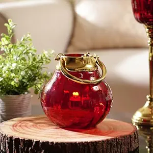 Pure Home + Living Red Hammered Glass Lantern Tea Light Holder