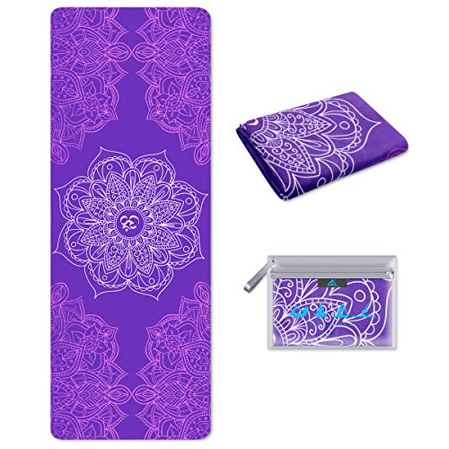 SKL - Esterilla de Yoga para Viajes, Plegable, 1/16 Pulgadas, Delgada, Absorbente, Antideslizante, para Yoga, Pilates, Ejercicios de Piso, Viene con Bolsa de Transporte (Púrpura)