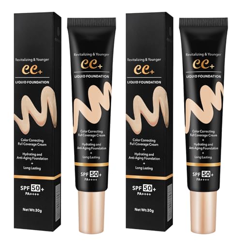 2PCS Cc Cream Cc Red Correct Lightweight Skin Perfector Tinted Moisturiser Spf 50+ 30g Non-greasy Balances Skin Tone Reduces Redness Suitable for Women
