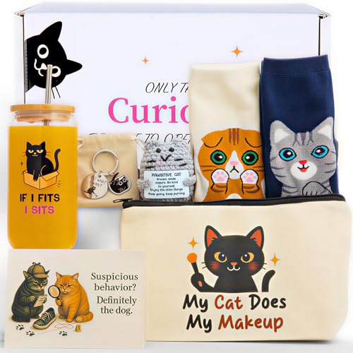 QUILE Fun Cat Lover Gifts for Women Premium Cats Themed Gifts Set with Borosilicate Glass Cup Crochet Doll & Socks Crazy Cats Lady Gift Basket for Birthday & Christmass Cat Mom Gifts Box for Women