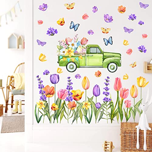 Garden Flowers Wall Stickers Watercolor Floral Wall Decals Peel And Stick Butterfly Flower Window Stickers Flowers Truck Decals Bouquet Tulip Stickers For Girls Kids Bedroom Living Room Kitchen Decor #TOP28