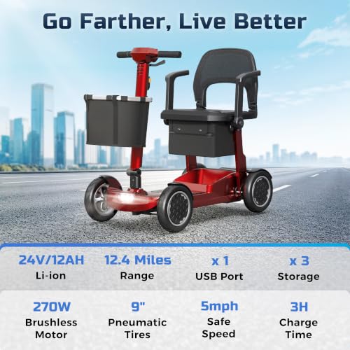 Image of Lightweight Mobility Scooter for Seniors & Adults - Airline & Cruise Approved, 45lb Portable Motorized Scooters with Removable Battery for 12.4 Miles Range, Pneumatic Tires, 330lb Capacity, Red