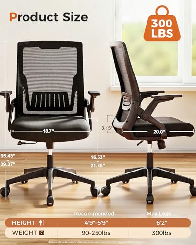 Image of GTPLAYER Ergonomic Office Chair with Flip-up Armrests Executive Computer Chair for Home Office, Breathable Mesh & Comfy Lumbar Support, Black