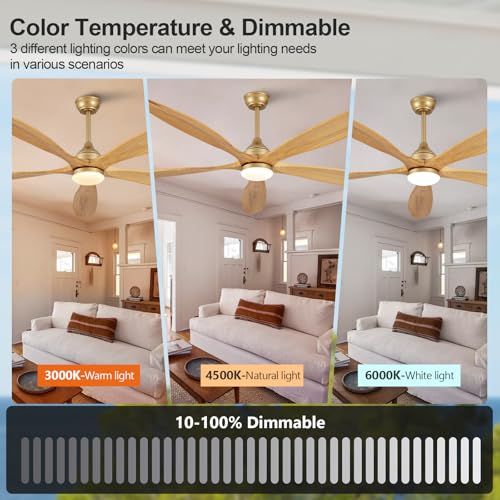 Image of Dimmable 60 Inch Large Outdoor Ceiling Fan with Light and Remote, Wood Big Ceiling Fans with Lights and Remote Gold 5 Blade Outdoor Ceiling Fans for Patios Bedroom Living Room, 6 Speed DC Motor