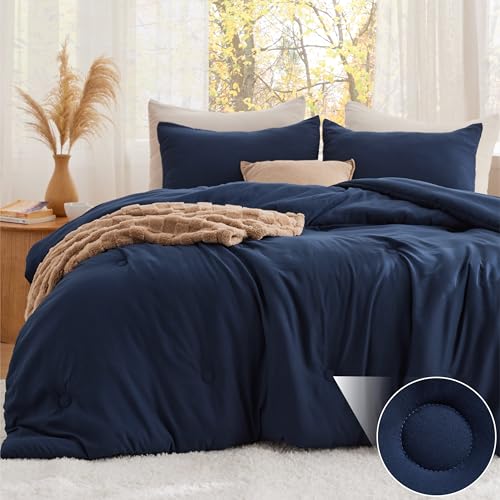 Bedsure King Size Comforter Set Navy Soft Prewashed King Bedding Quilted Comforter with Circle Design Down Alternative Comforter for All Seasons 3 Pieces Bed Set with 2 Pillow Shams