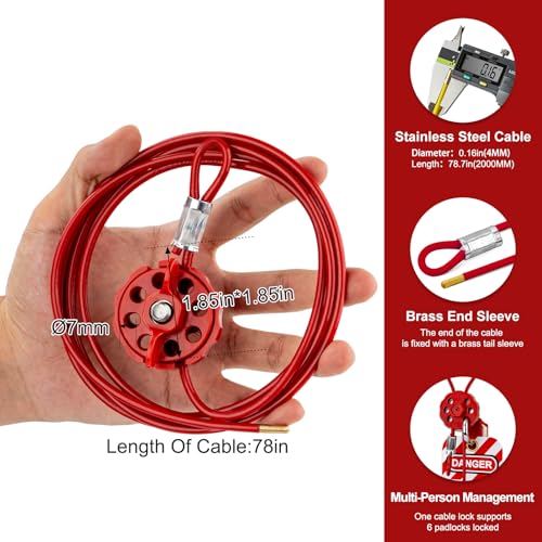 Image of Lockout Tagout Cable Lock | 0.16'' x 78'' Adjustable Loto Locks | PVC-Coated Steel Cable for Valves & Panels | OSHA Compliant | Red, 2Pack