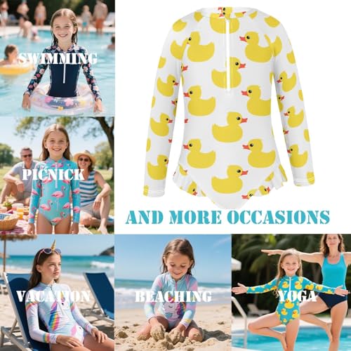 Girls Long Sleeve One Piece Swimsuits UPF 50+ Quick Dry Rashguard Bathing Suits Yellow Rubber Duck White3