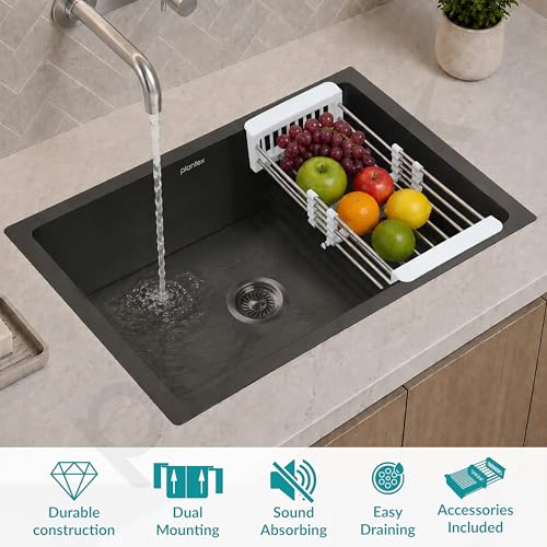 Image of Plantex Stainless Steel Handmade Kitchen Sink /Single Bowl Sink For Kitchen With Drain Rack and Coupling and Waste Pipe /Undermount /Topmount (Black- 24X18 Inches)