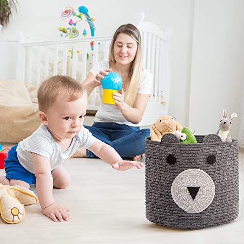 Cotton Rope Storage Basket, Cute Bear Basket With Handles, Nursery Storage, Baby Nursery Basket For Toys, Clothes, Towels, Animal Baskets As Gift For Kids, Grey, 16”(D) X 14”(H) #TOP6