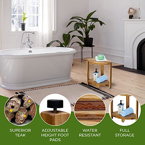 DecoTeak Teak Corner Shower Shelf – 2 Tier Waterproof Bathroom Storage Organizer Compact Wood Storage | Water-Resistant Design | Space Saver for Showers & Small Bathrooms | Shaving Foot Rest