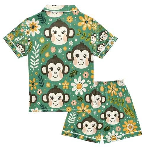 senya Monkey Faces Satin Summer Pajama Sets Silk Short Sleeve Button Down Sleepwear2
