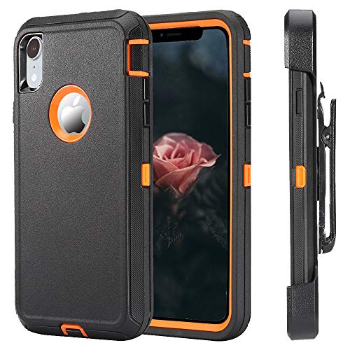 Inaouril Defender iPhone XR Case, Heavy Duty Shock Absorption Full Body Protector Phone Case for iPhone XR with Belt Clip Kickstand Cover for iPhone XR 6.1 inch Black Orange