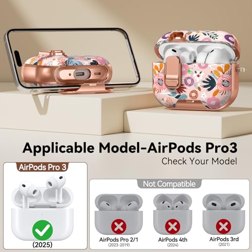 Image of for AirPod Pro 3 Case 2025, with Safty Lock & Phone Stand for Pink AirPod Pro 3 Generation Case Cover for Women Girly, iPod Pro 3 Cases with Keychain & Cleaner Kit - Pink Berry Flower