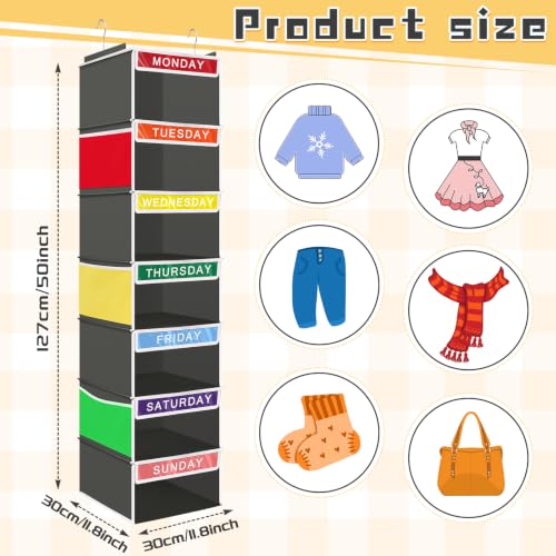 Amylove 2 Pcs 7 Shelf Weekly Clothes Organizer for Kids Hanging Closet Organizer 11. 8 x 11. 8 x 50 Inch Daily Activity Kids Clothes Storage Drawers Cube Drawers Closet Hanging Shelves (Grey) - Image 2